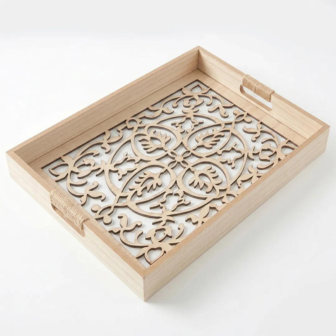 20-9 Rectangular Wooden Serving Tray with Ornamental Glass Base – Medium / Small