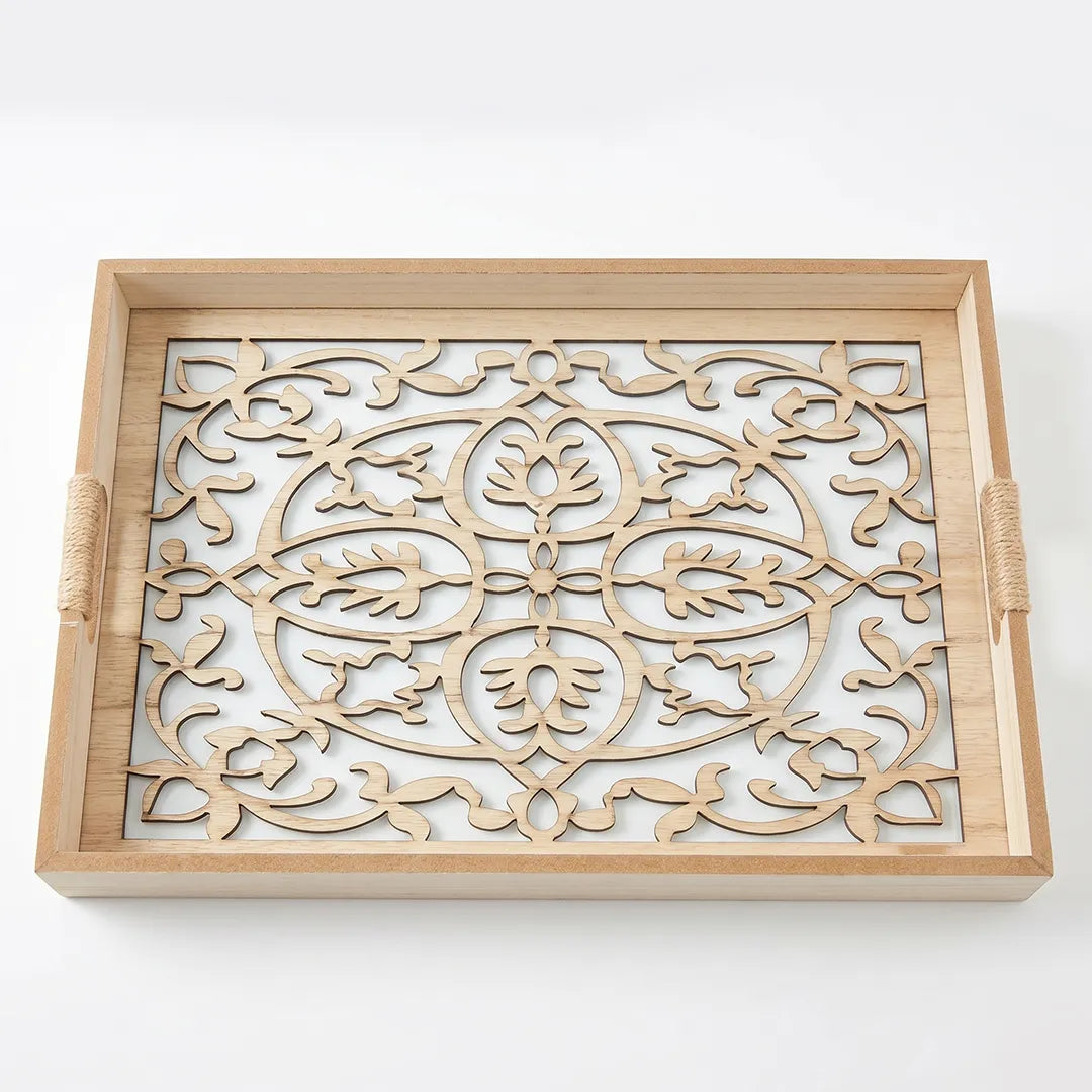 20-9 Rectangular Wooden Serving Tray with Ornamental Glass Base – Medium / Small
