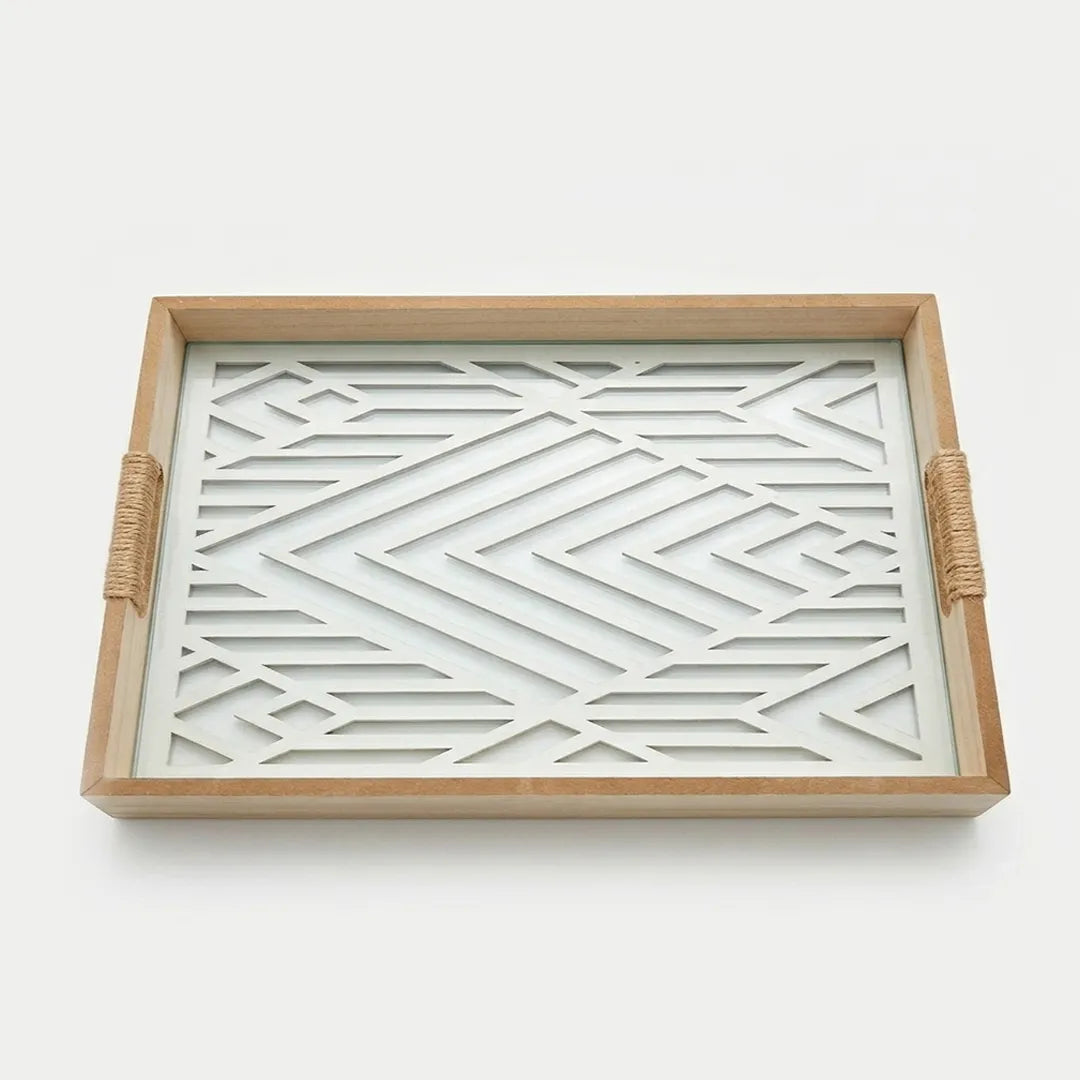 20-10 Rectangular Wooden Serving Tray with Geometric Glass Base – Medium / Small