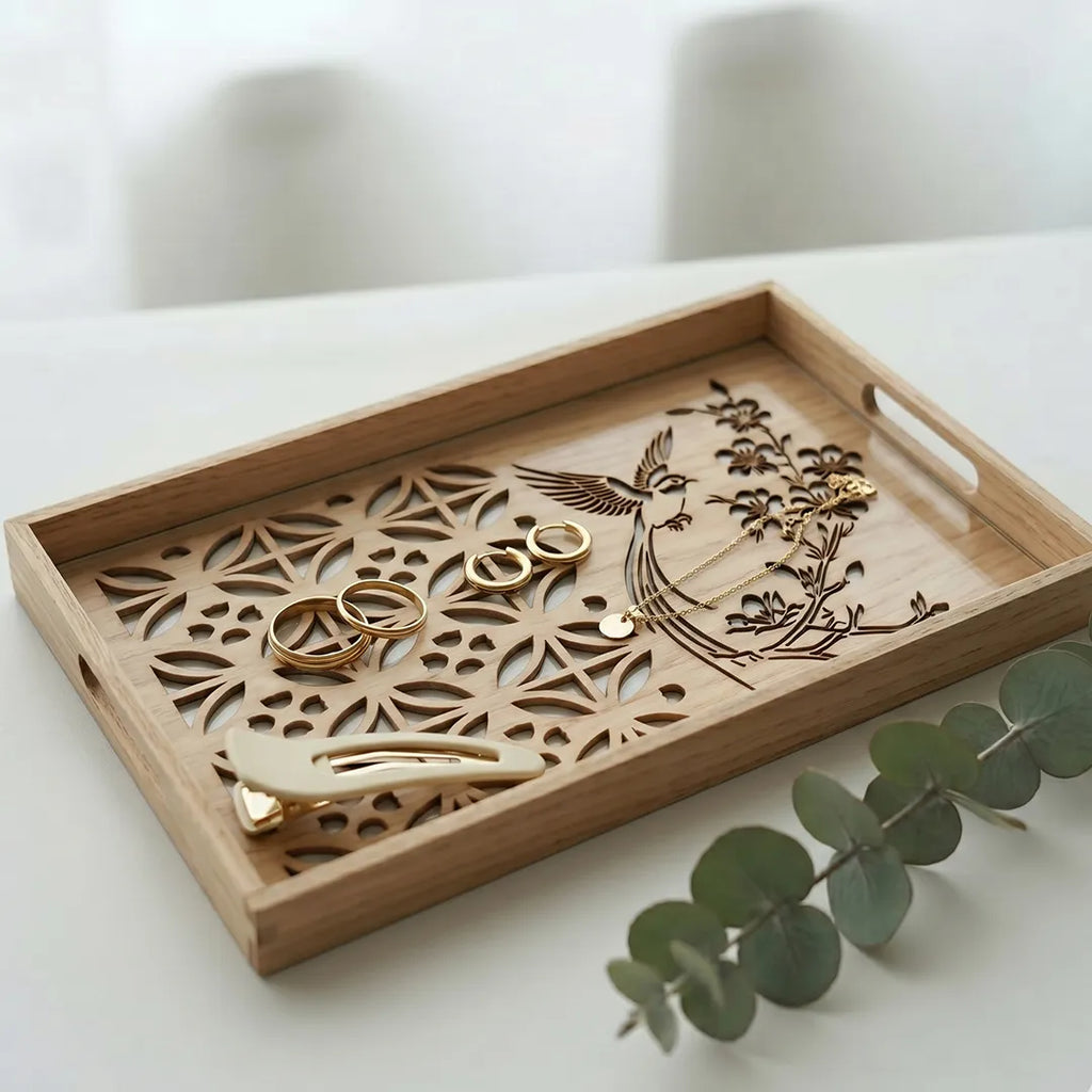 20-11 Rectangular Wooden Serving Tray with Bird Floral Glass Base – Medium / Small