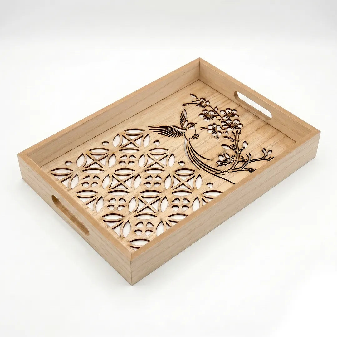 20-11 Rectangular Wooden Serving Tray with Bird Floral Glass Base – Medium / Small