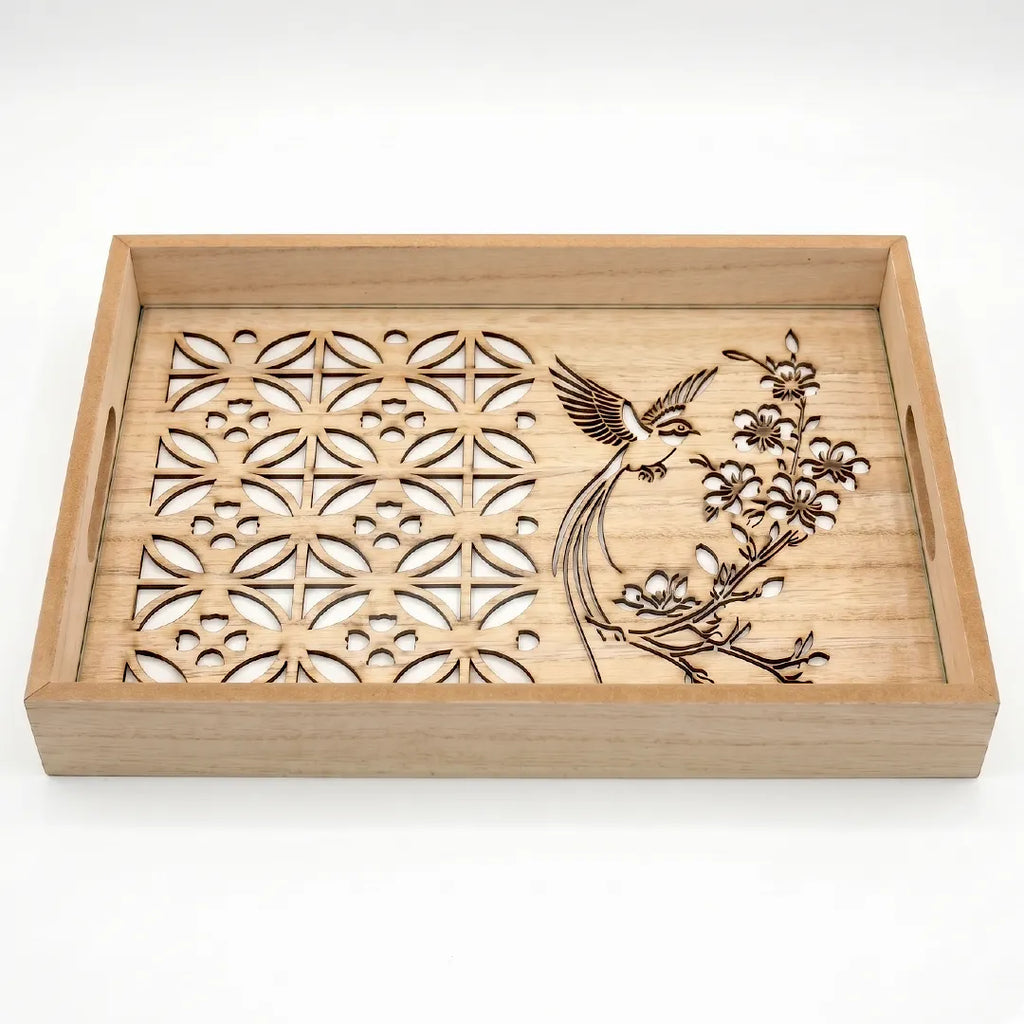 20-11 Rectangular Wooden Serving Tray with Bird Floral Glass Base – Medium / Small