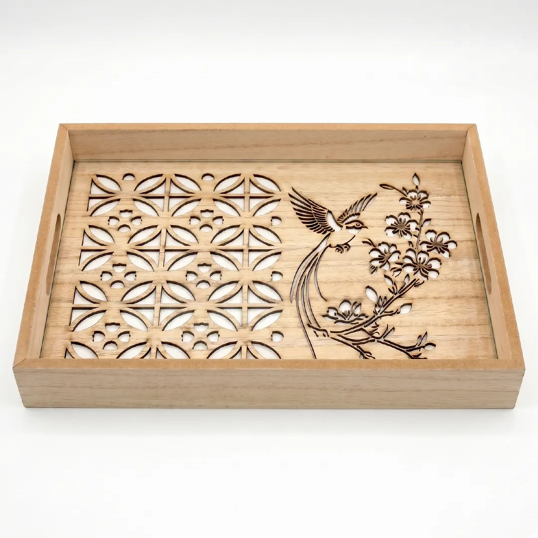 20-11 Rectangular Wooden Serving Tray with Bird Floral Glass Base – Medium / Small