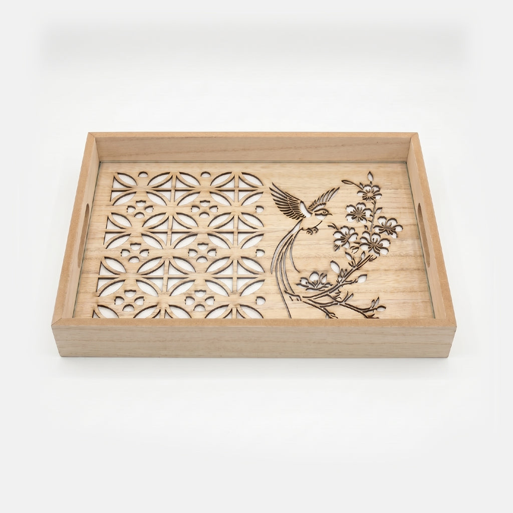 20-11 Rectangular Wooden Serving Tray with Bird Floral Glass Base – Medium / Small