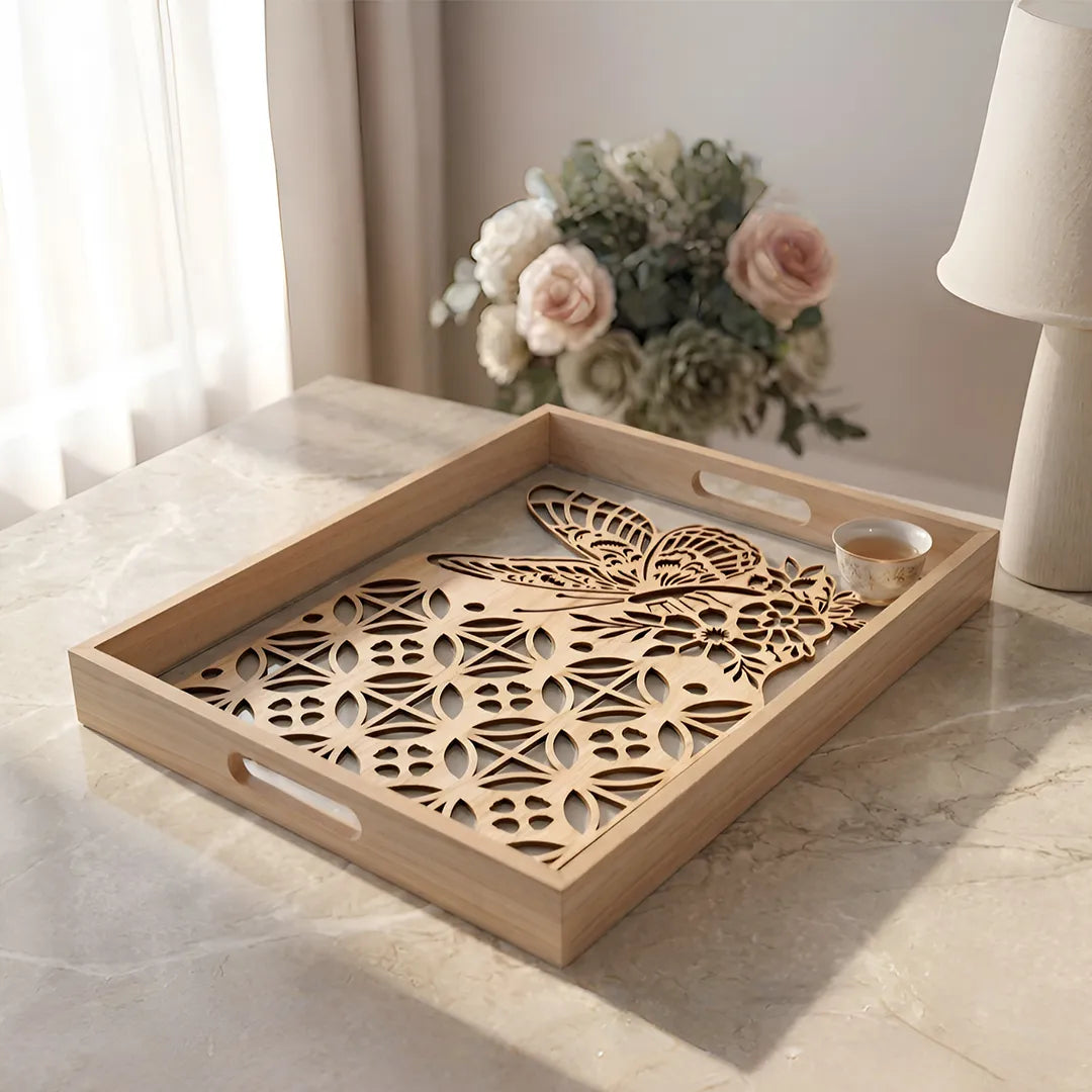 20-12 Rectangular Wooden Serving Tray with Butterfly Floral Glass Base – Medium / Small