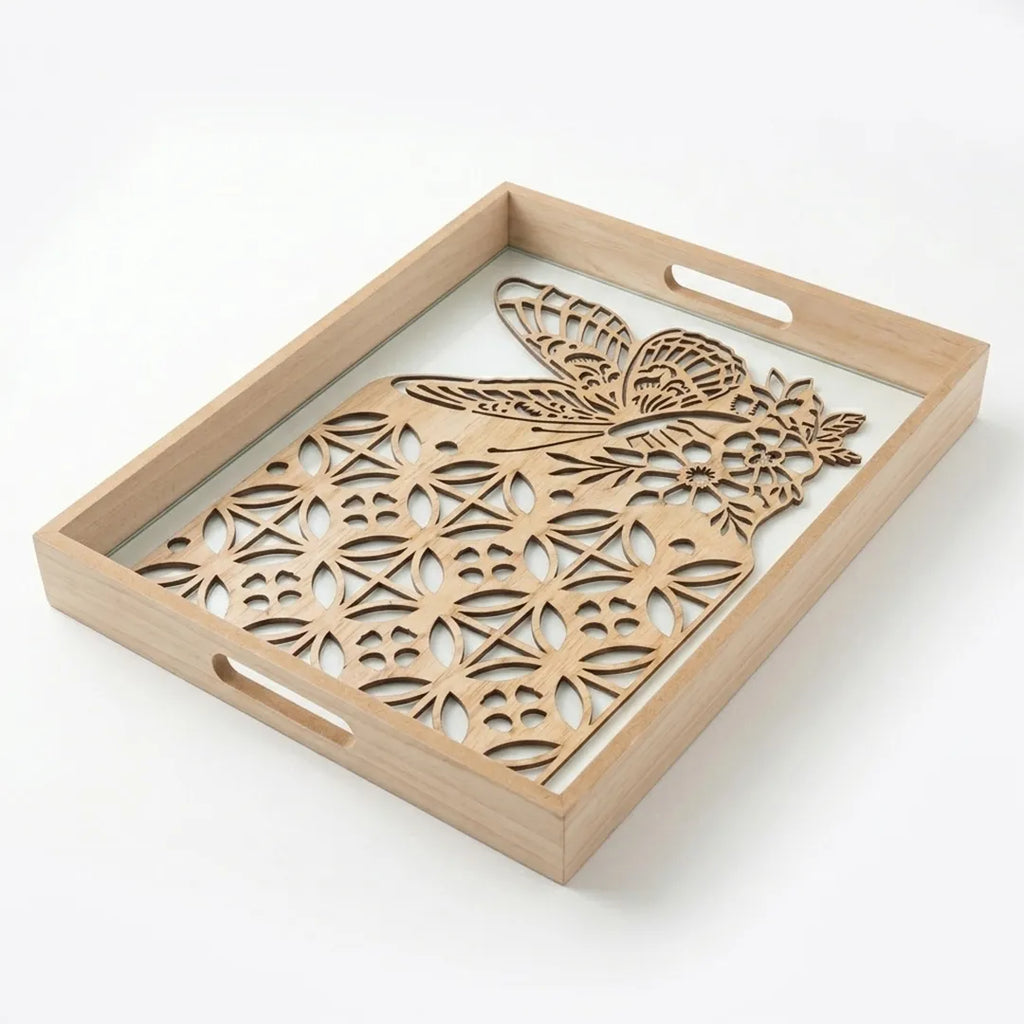 20-12 Rectangular Wooden Serving Tray with Butterfly Floral Glass Base – Medium / Small