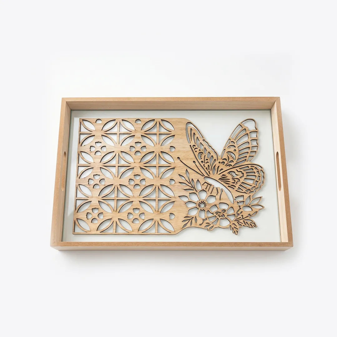 20-12 Rectangular Wooden Serving Tray with Butterfly Floral Glass Base – Medium / Small
