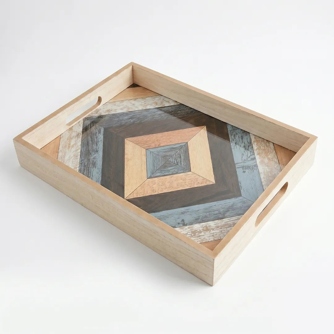20-13 Rectangular Wooden Serving Tray with Tempered Glass Base & Geometric Pattern