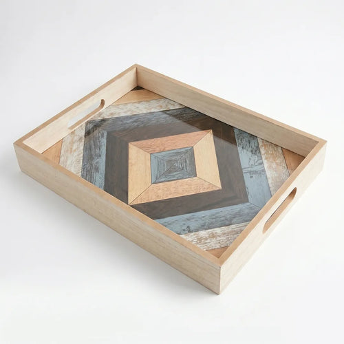 20-13 Rectangular Wooden Serving Tray with Tempered Glass Base & Geometric Pattern