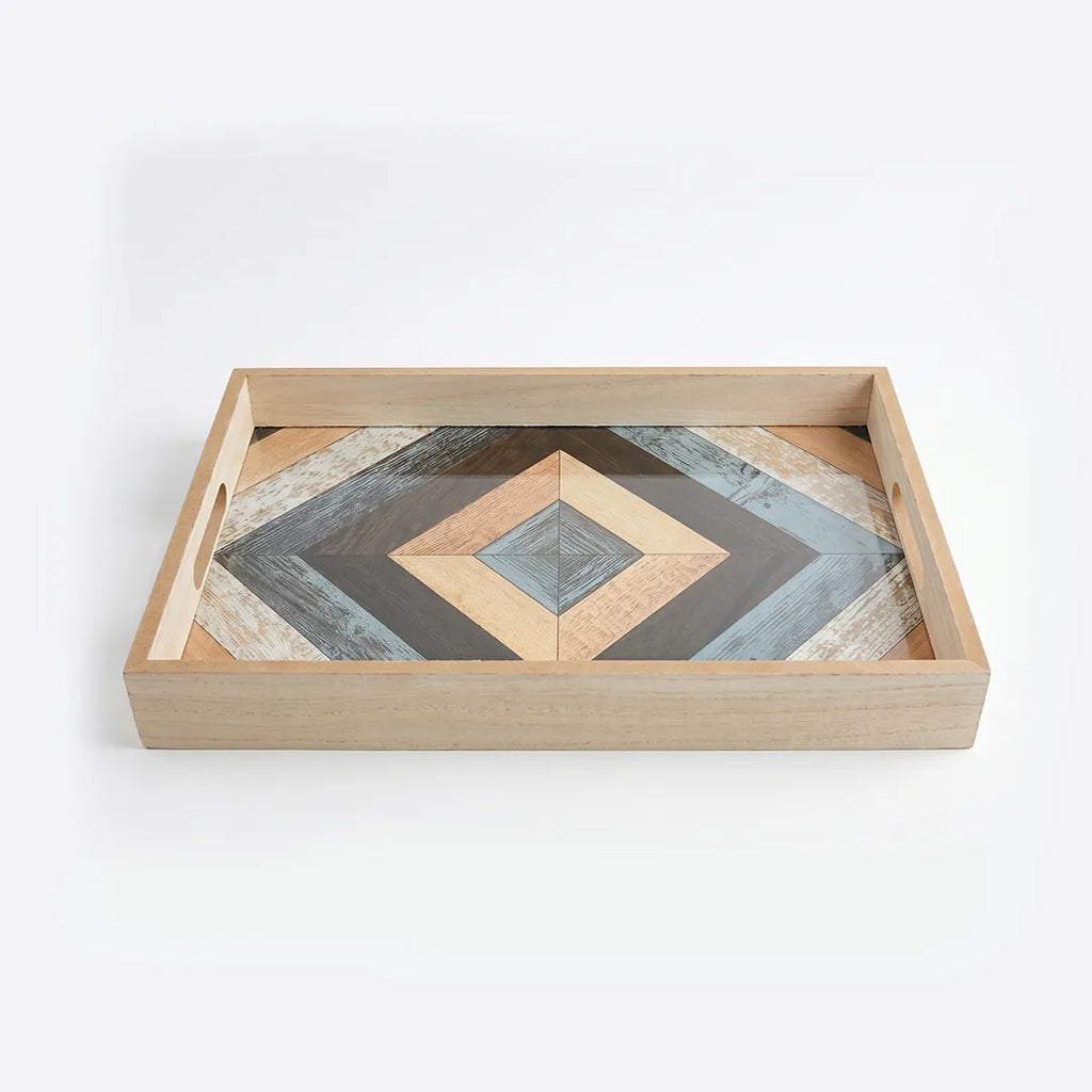 20-13 Rectangular Wooden Serving Tray with Tempered Glass Base & Geometric Pattern