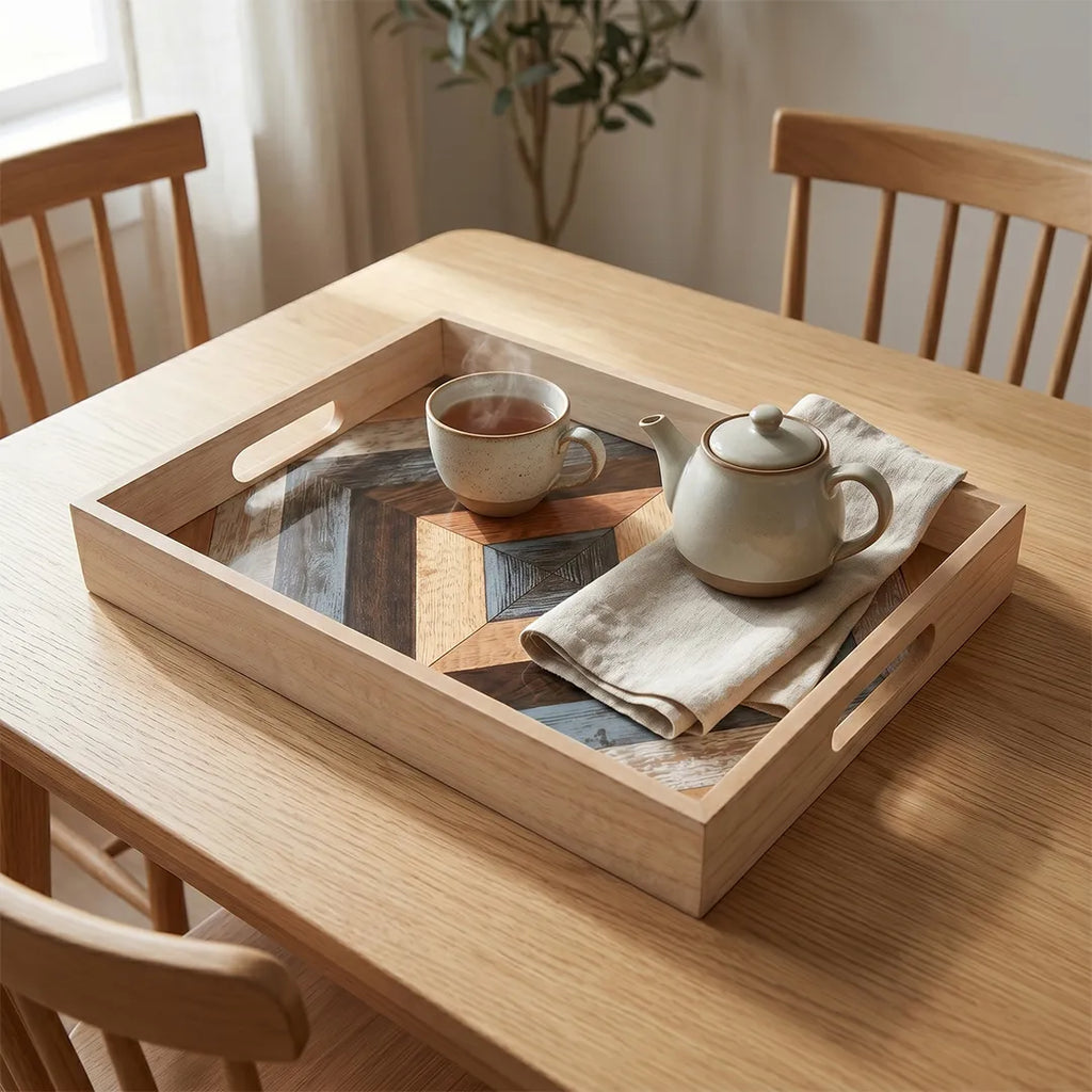 20-13 Rectangular Wooden Serving Tray with Tempered Glass Base & Geometric Pattern