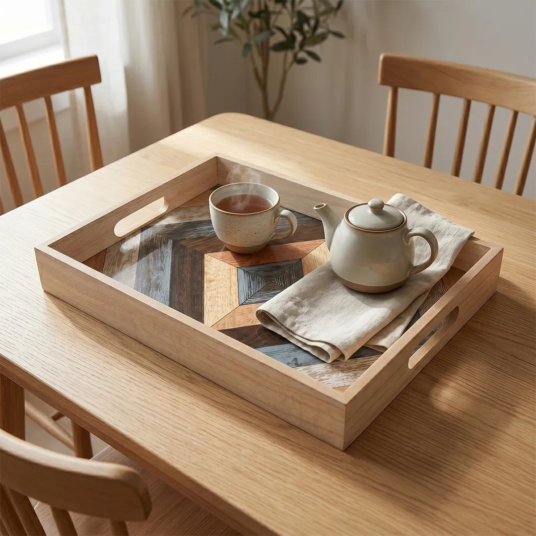 20-13 Rectangular Wooden Serving Tray with Tempered Glass Base & Geometric Pattern