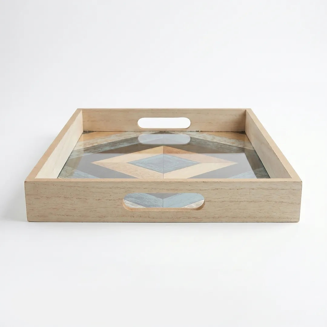 20-13 Rectangular Wooden Serving Tray with Tempered Glass Base & Geometric Pattern