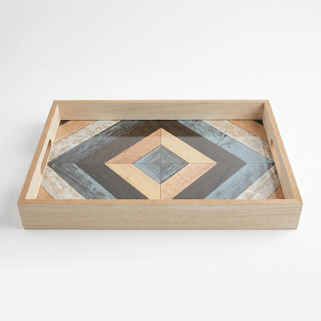 20-13 Rectangular Wooden Serving Tray with Tempered Glass Base & Geometric Pattern