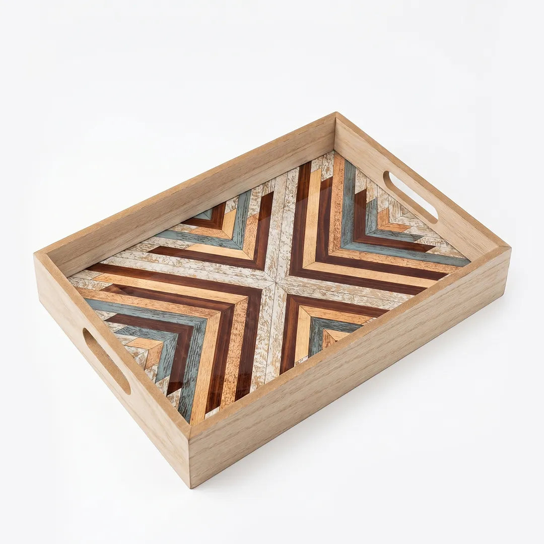 20-14 Rectangular Wooden Serving Tray with Glass Base and Geometric Pattern – Medium / Small