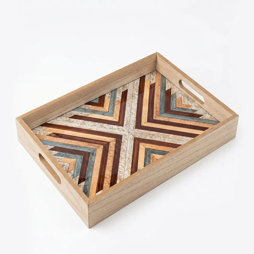 20-14 Rectangular Wooden Serving Tray with Glass Base and Geometric Pattern – Medium / Small