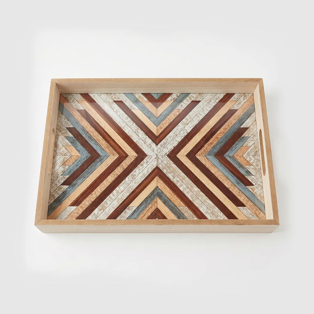 20-14 Rectangular Wooden Serving Tray with Glass Base and Geometric Pattern – Medium / Small