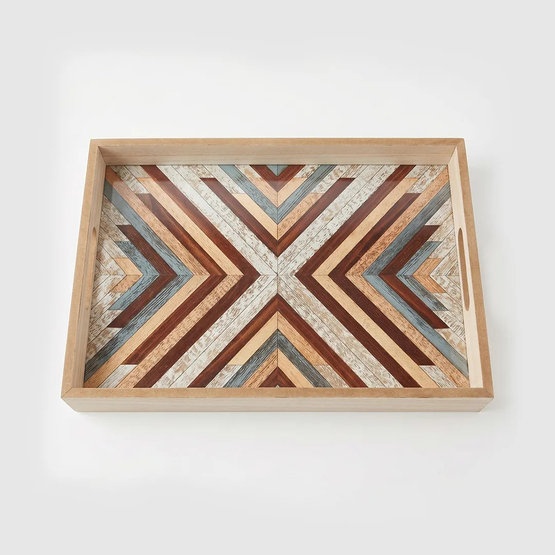 20-14 Rectangular Wooden Serving Tray with Glass Base and Geometric Pattern – Medium / Small