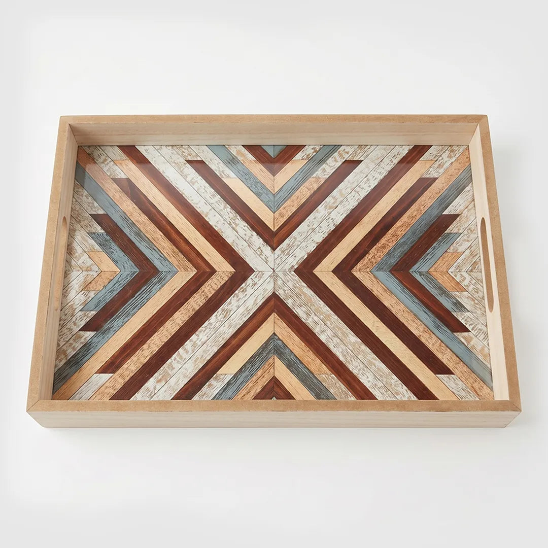 20-14 Rectangular Wooden Serving Tray with Glass Base and Geometric Pattern – Medium / Small