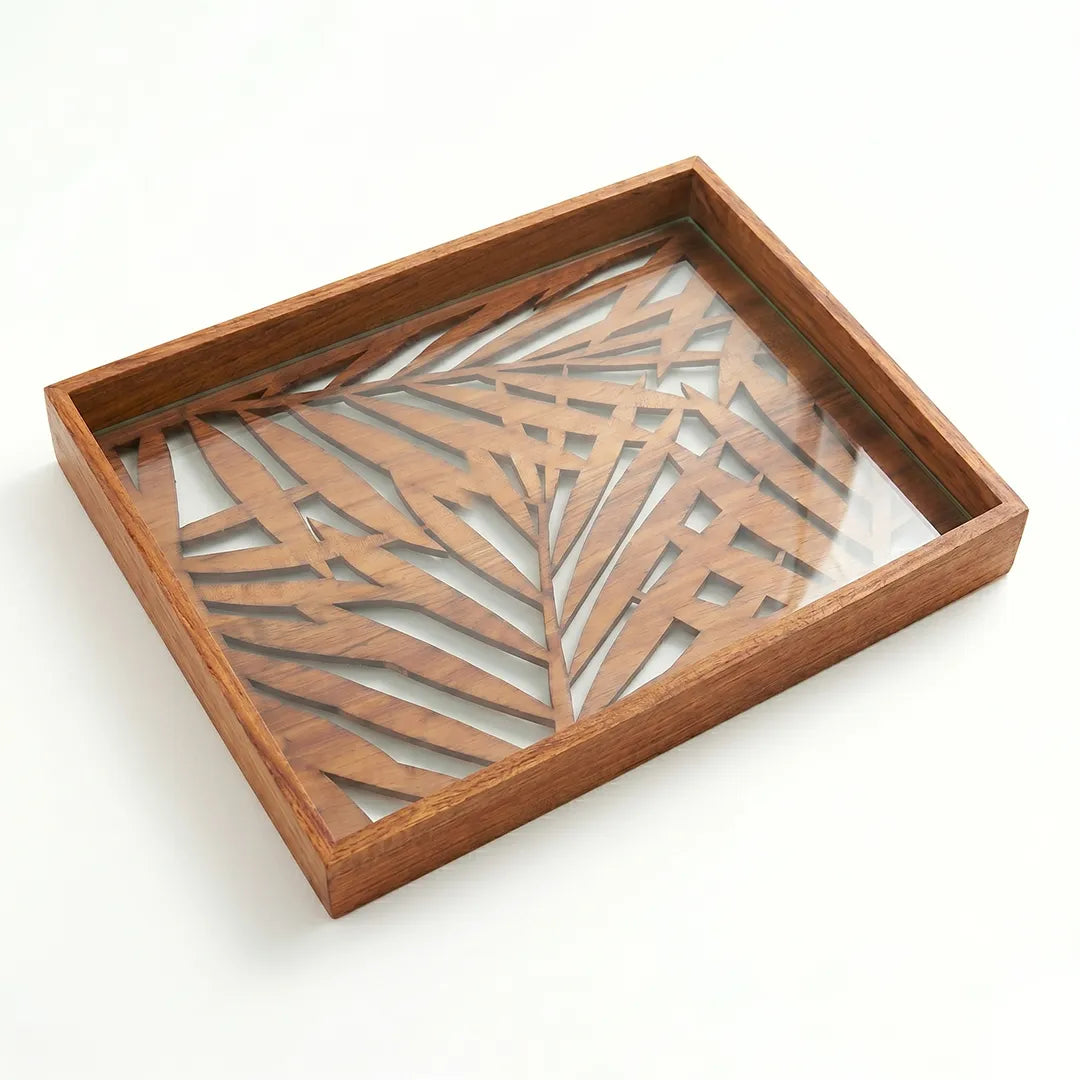 20-16 Rectangular Wooden Serving Tray with Palm Leaf Glass Base – Medium / Small