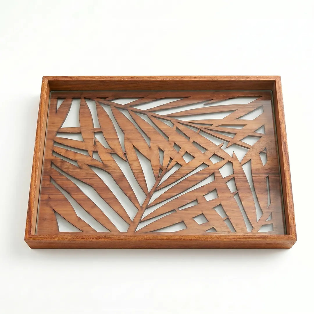 20-16 Rectangular Wooden Serving Tray with Palm Leaf Glass Base – Medium / Small
