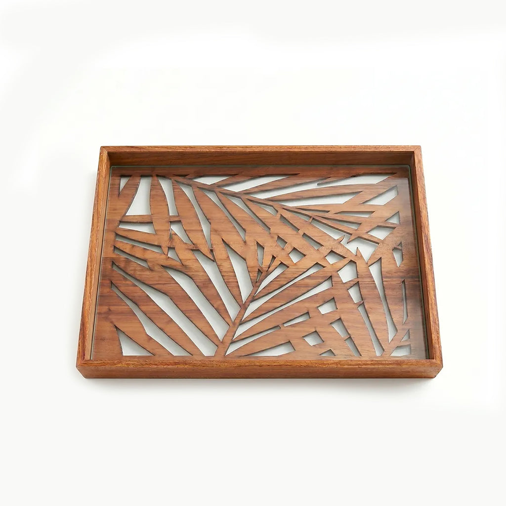 20-16 Rectangular Wooden Serving Tray with Palm Leaf Glass Base – Medium / Small
