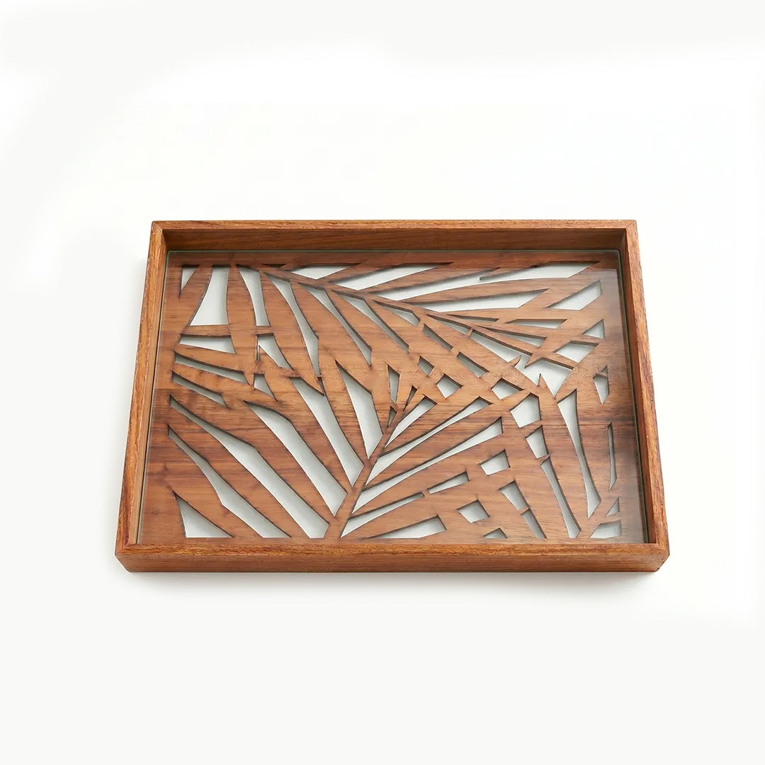 20-16 Rectangular Wooden Serving Tray with Palm Leaf Glass Base – Medium / Small