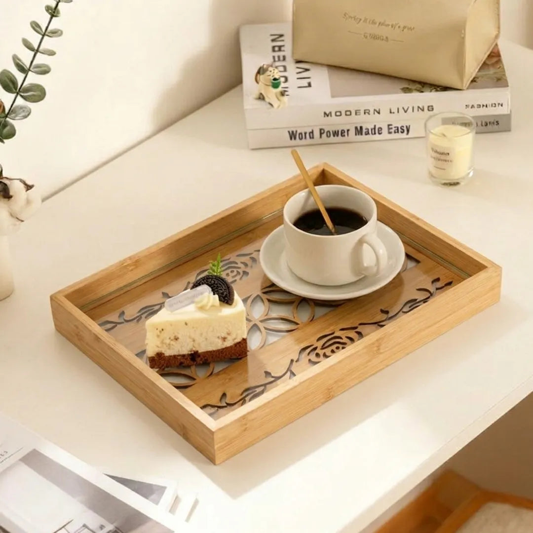 20-17 Rectangular Bamboo Serving Tray with Rose Pattern Glass Base – Medium / Small