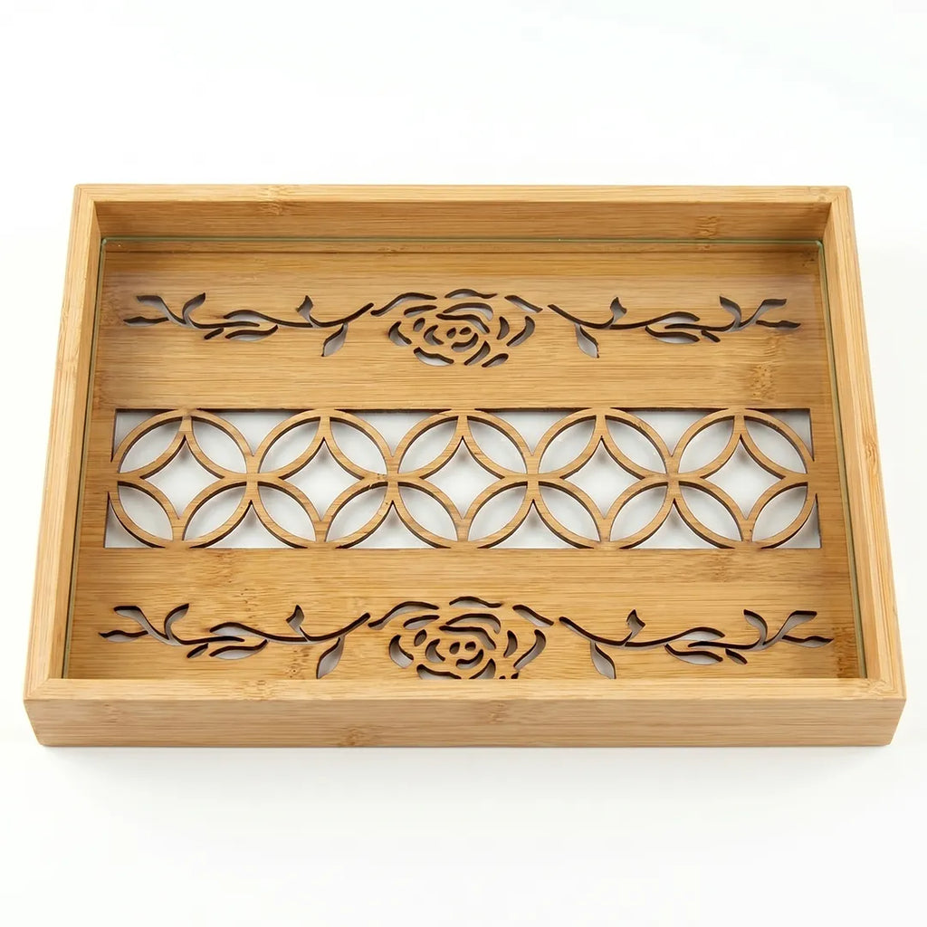 20-17 Rectangular Bamboo Serving Tray with Rose Pattern Glass Base – Medium / Small