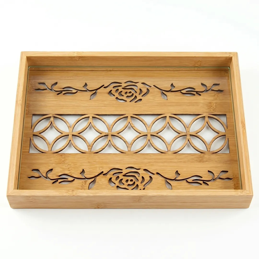 20-17 Rectangular Bamboo Serving Tray with Rose Pattern Glass Base – Medium / Small
