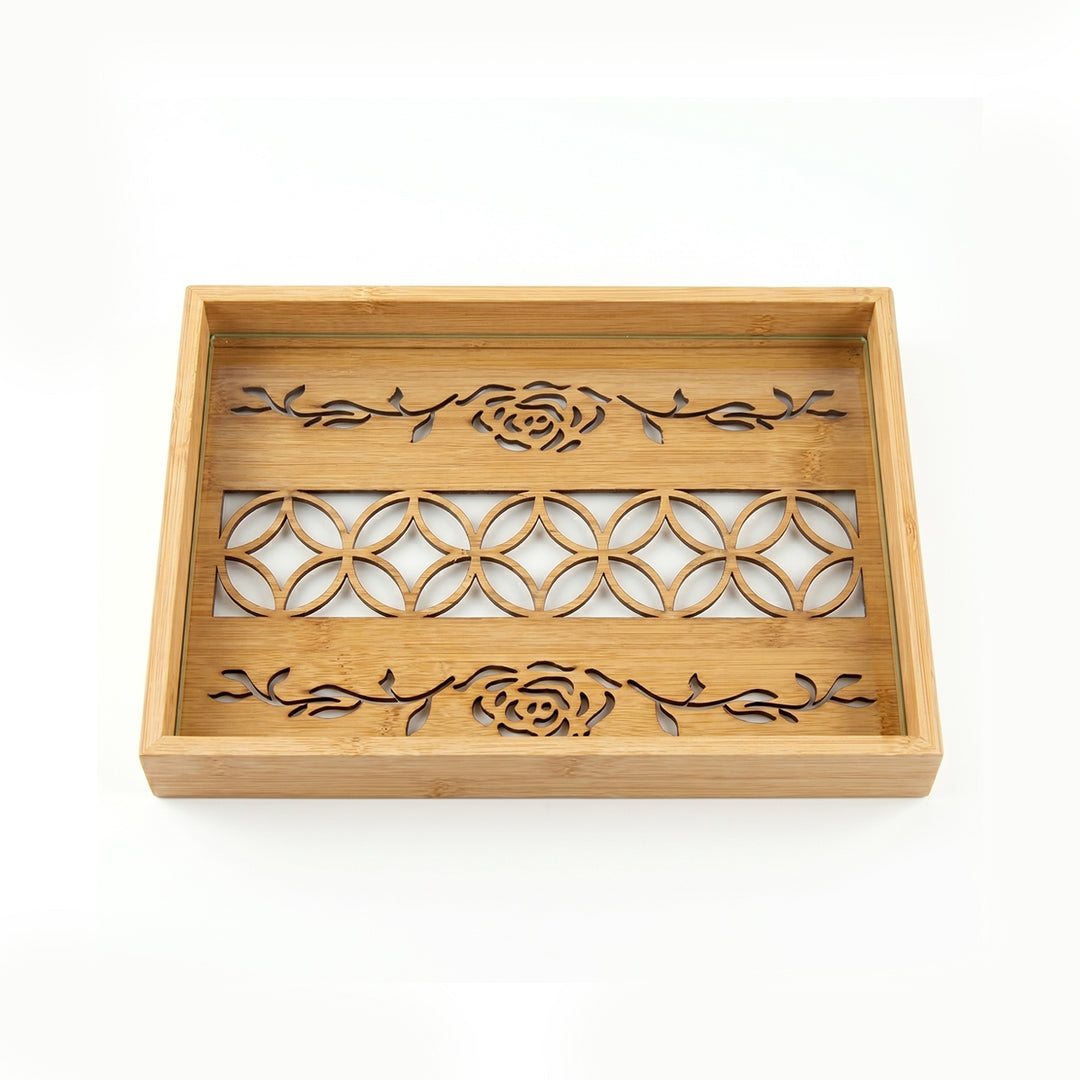 20-17 Rectangular Bamboo Serving Tray with Rose Pattern Glass Base – Medium / Small