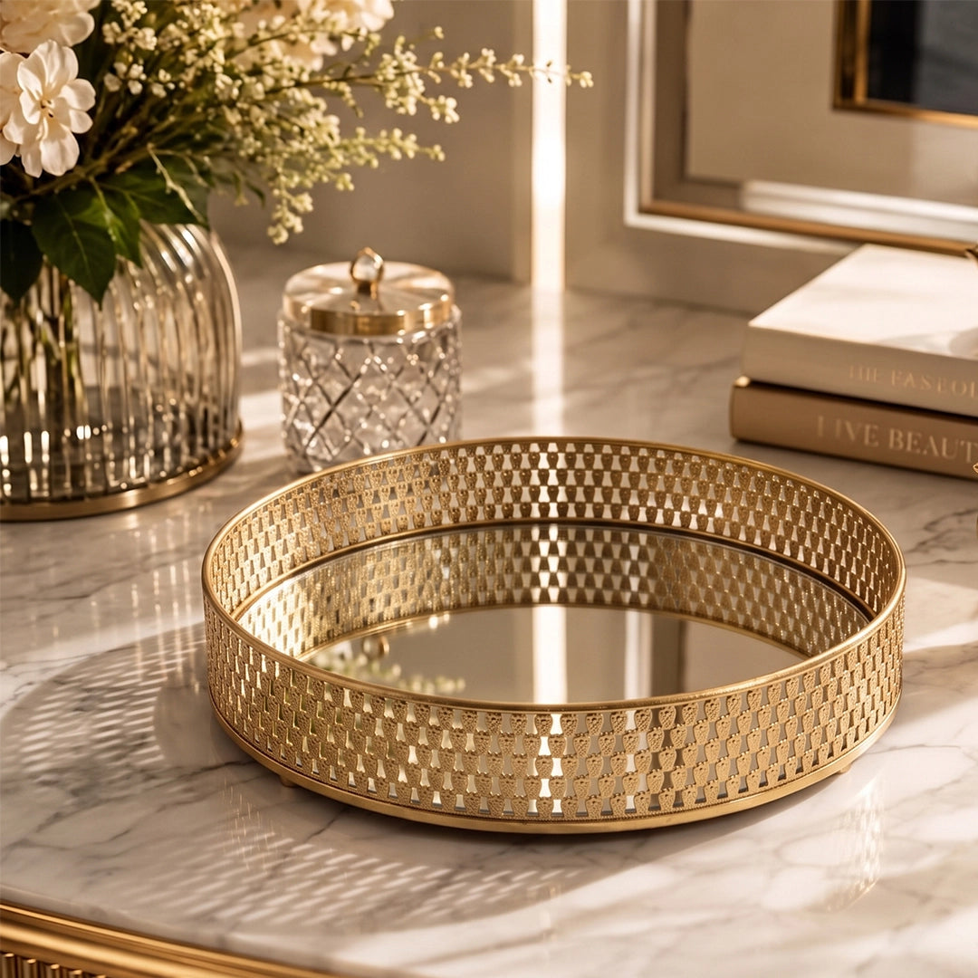 A419-6  Round Gold Metal Mirrored Tray (Small / Medium)