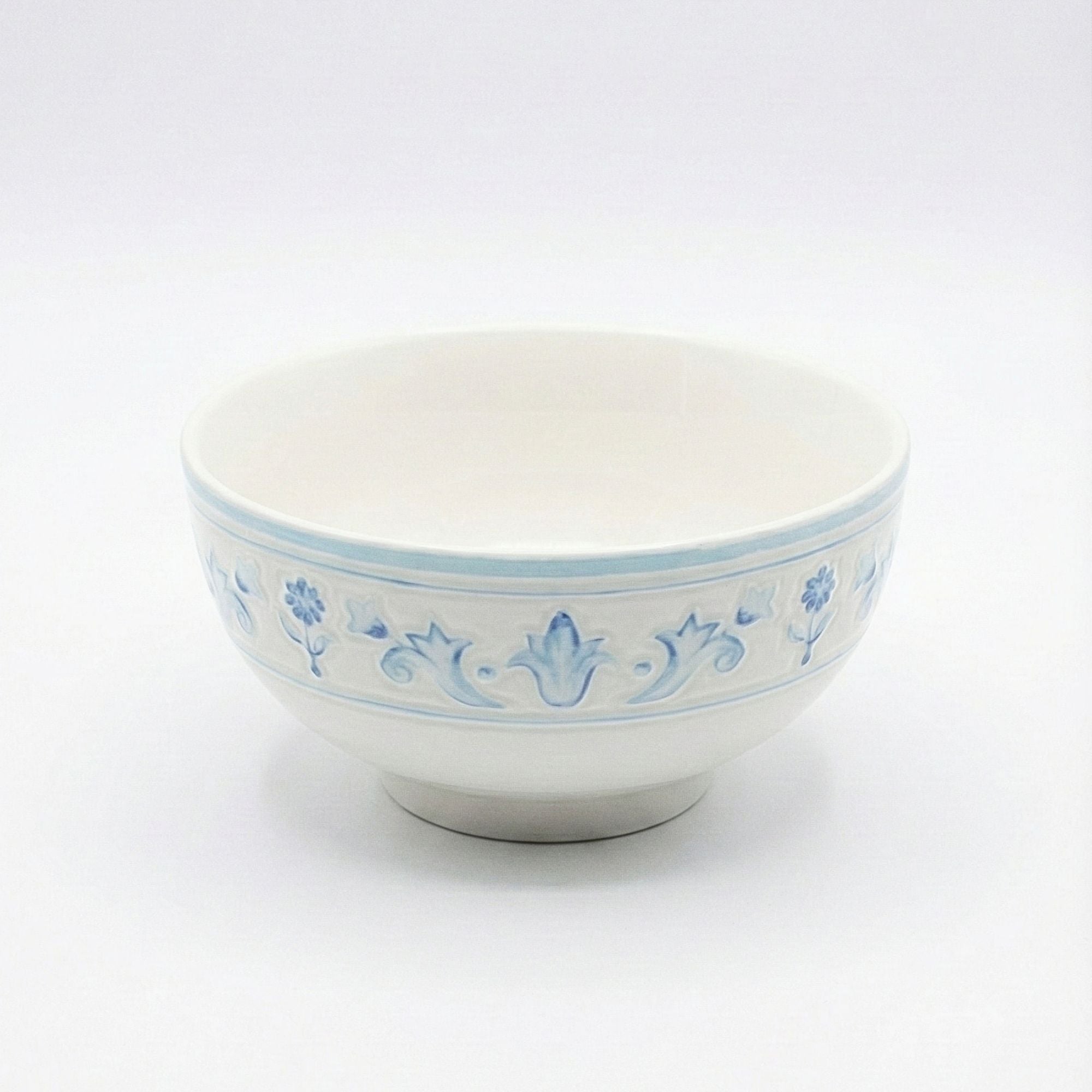 White ceramic bowl with blue floral patterns on a white background