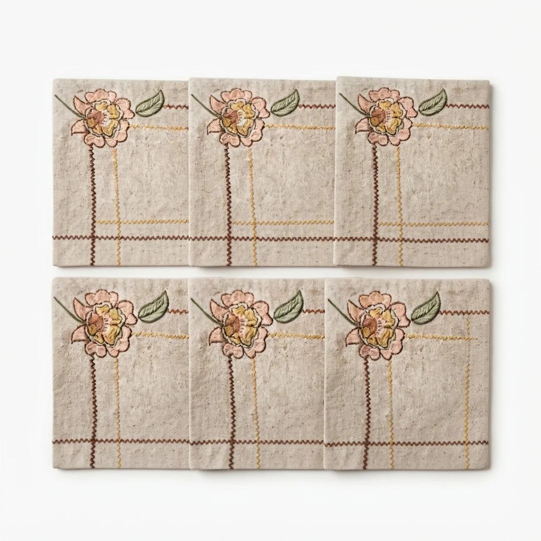 Artisanal Floral Embroidered Placemats – Set of 6, 45 × 30 cm