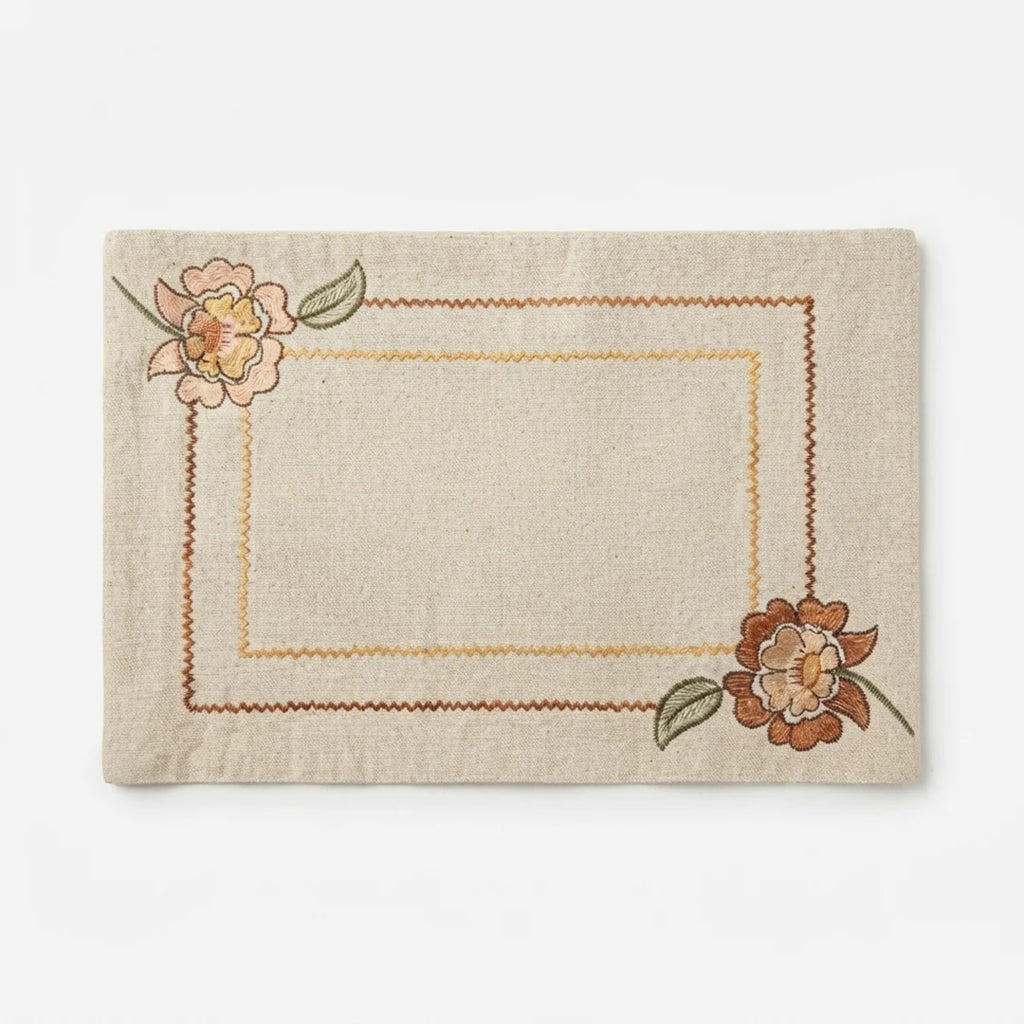 Artisanal Floral Embroidered Placemats – Set of 6, 45 × 30 cm