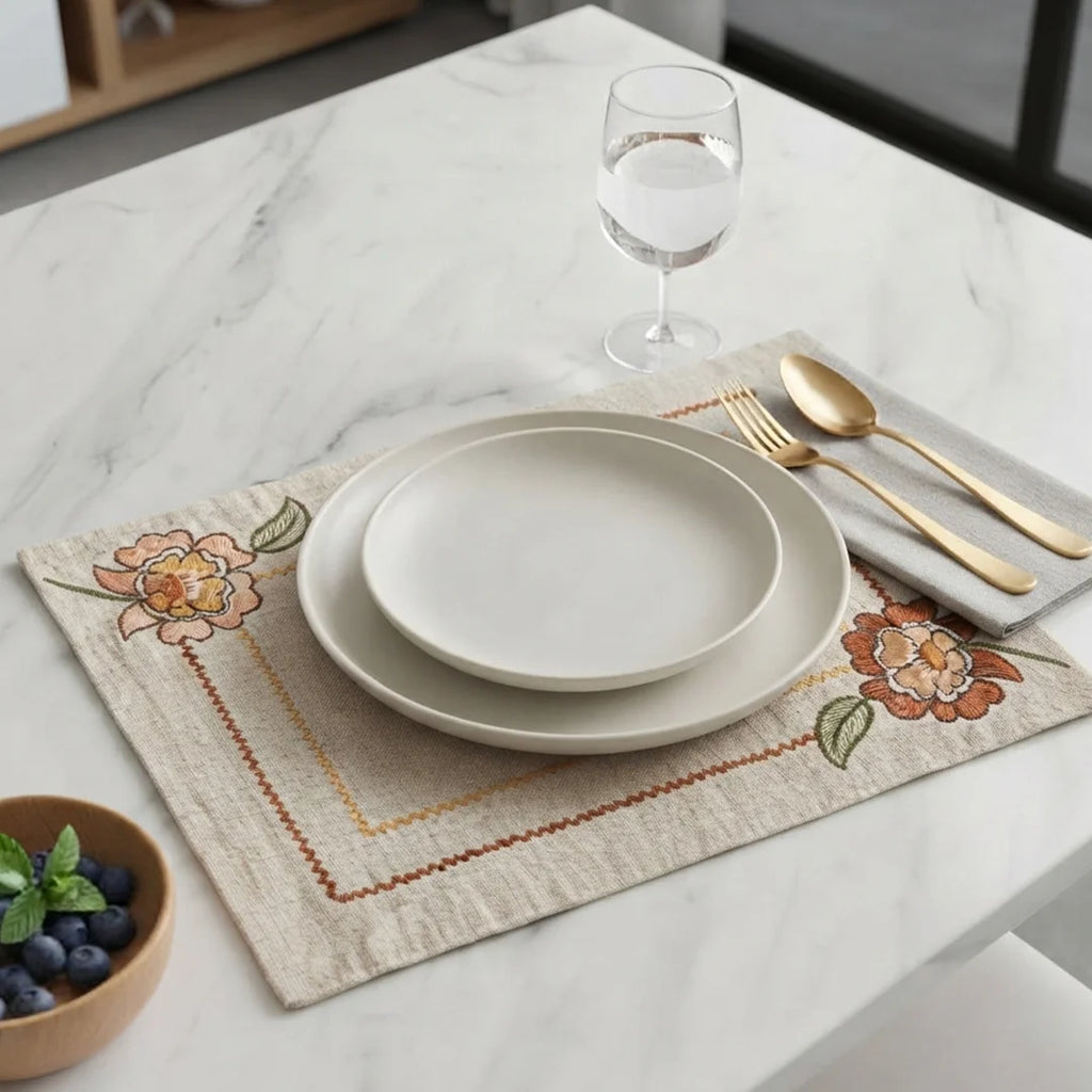 Artisanal Floral Embroidered Placemats – Set of 6, 45 × 30 cm