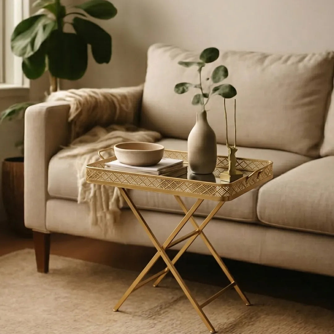 58-9 Gold Folding Tray Table Glass Top Metal Side Table with Handles 60×40cm