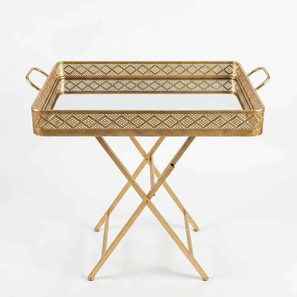 58-9 Gold Folding Tray Table Glass Top Metal Side Table with Handles 60×40cm