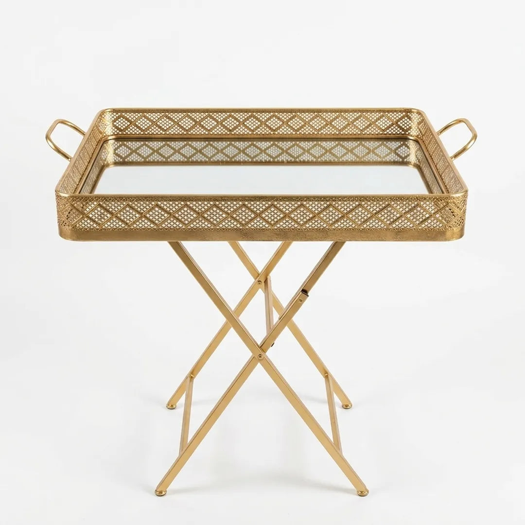 58-9 Gold Folding Tray Table Glass Top Metal Side Table with Handles 60×40cm