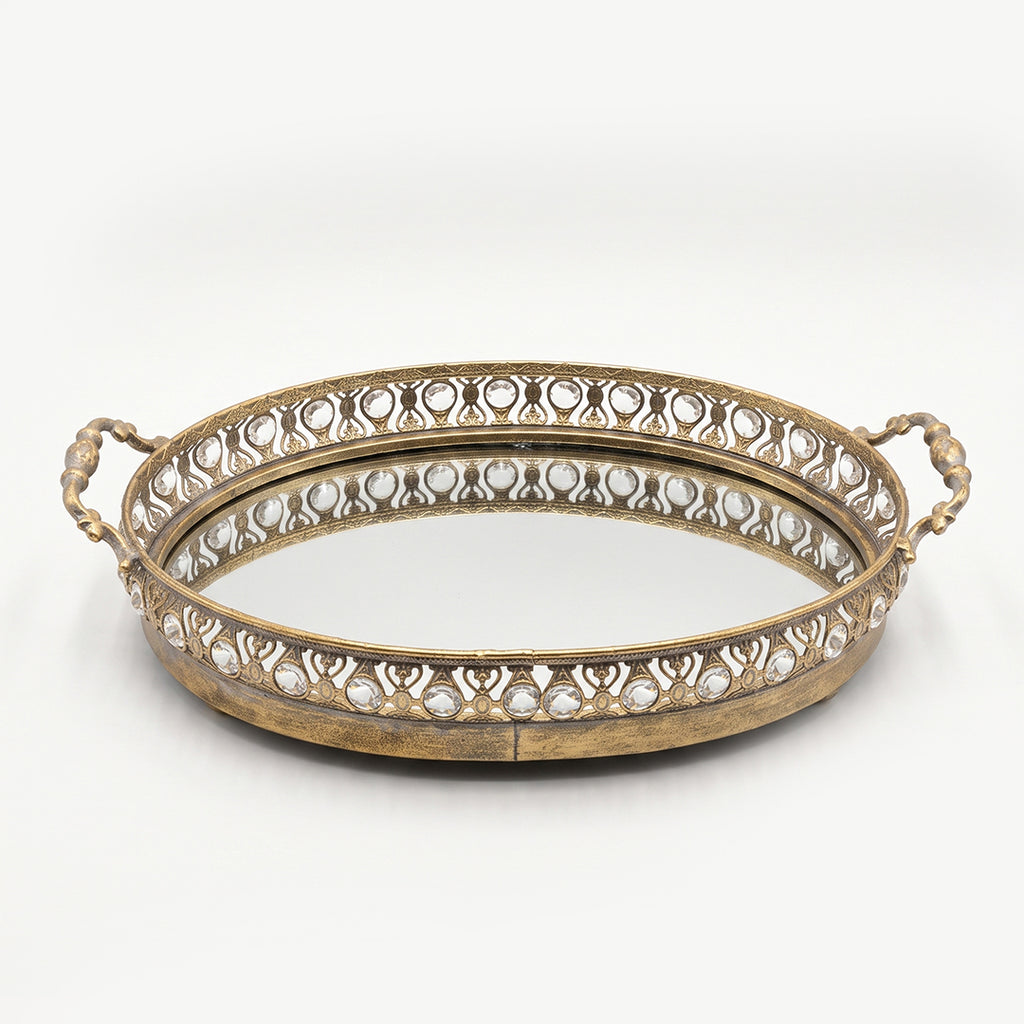 A419-22 Round Gold Metal Mirrored Tray with Handles (Small / Medium)