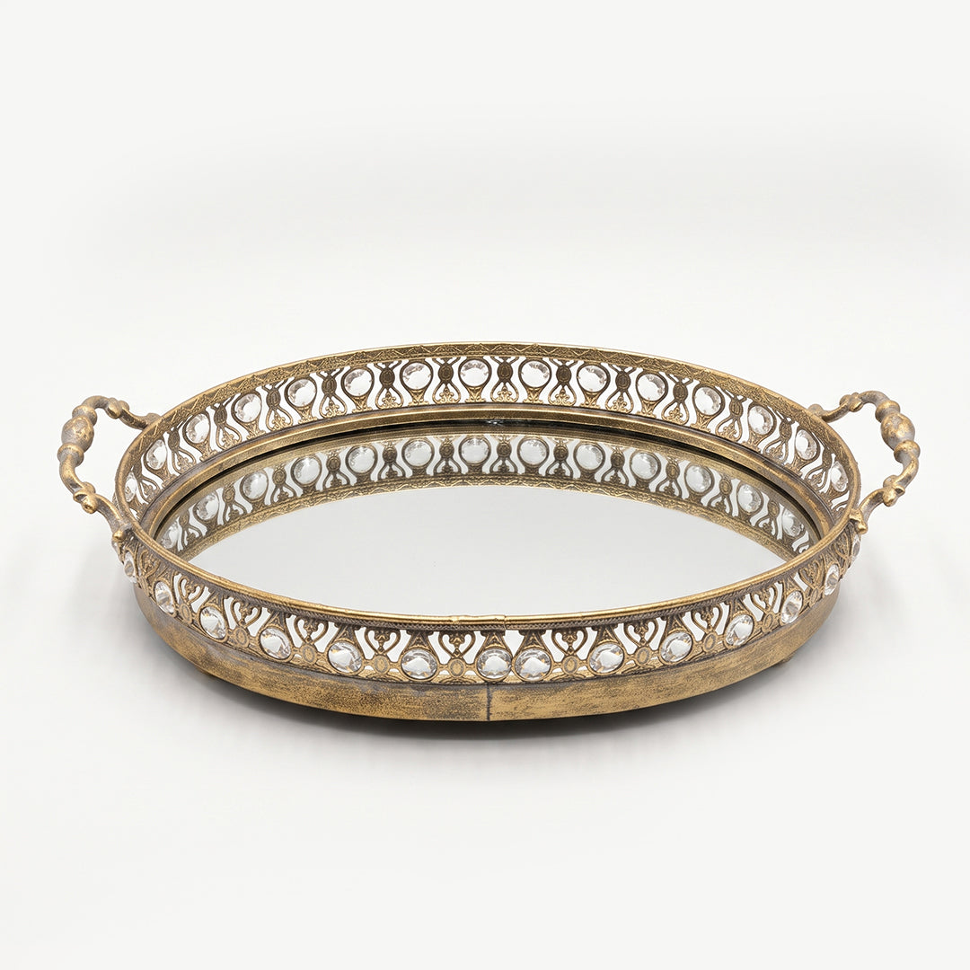 A419-22 Round Gold Metal Mirrored Tray with Handles (Small / Medium)
