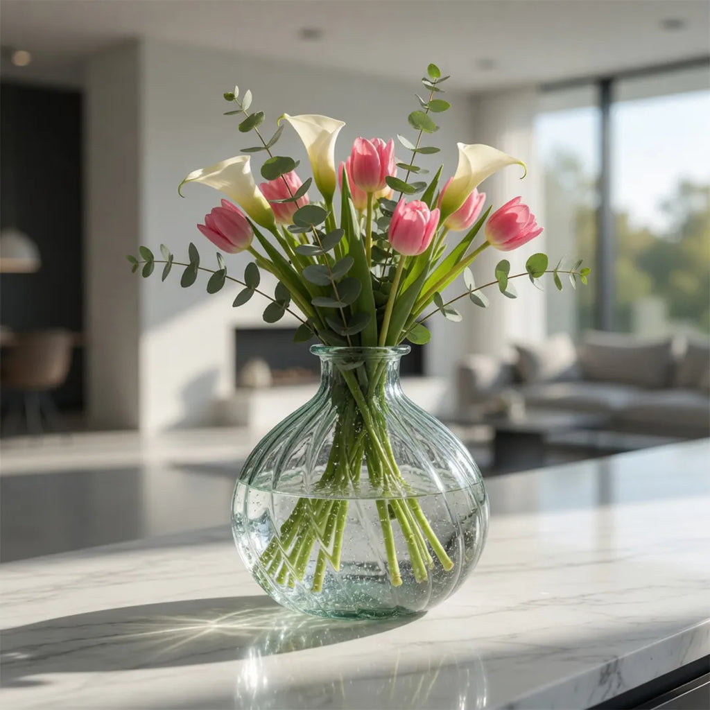 6059 Ola Glass Vase Green Textured Round Vase 17 cm