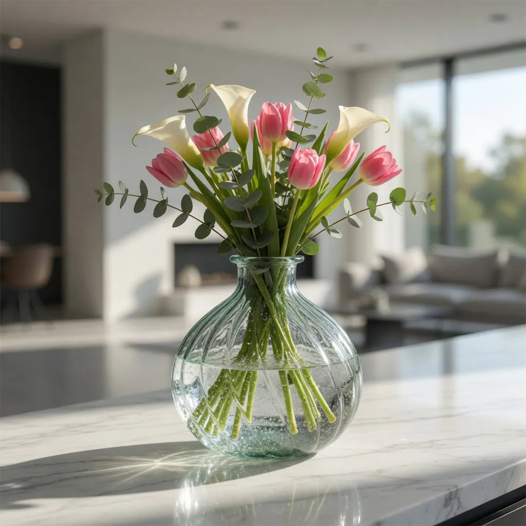 6059 Ola Glass Vase Green Textured Round Vase 17 cm