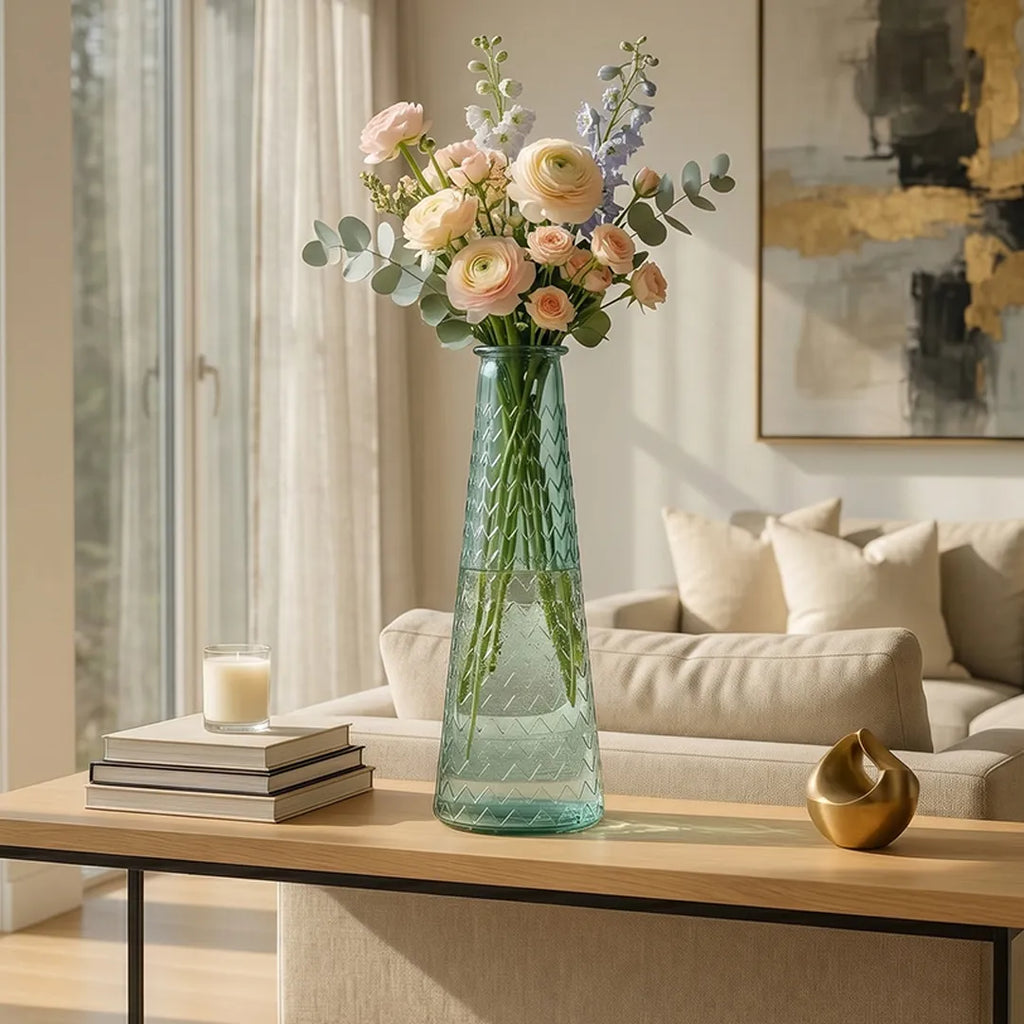 6065 Mandala Glass Vase Green Textured Tall Vase 55.5 cm