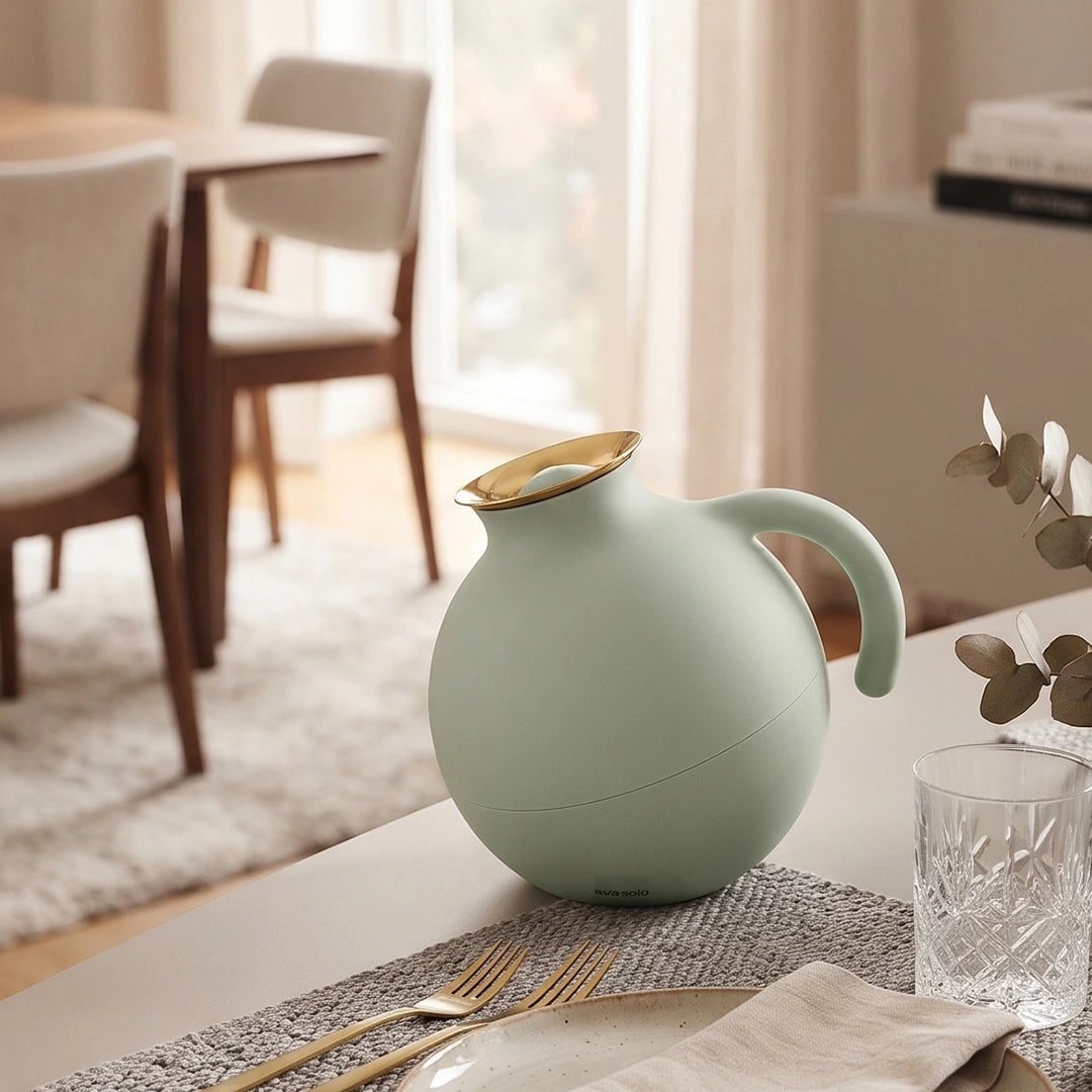 6170 Eva Solo Premium Sculptural Vacuum Jug – Matte Sage Green & Gold, 1.0 Litre