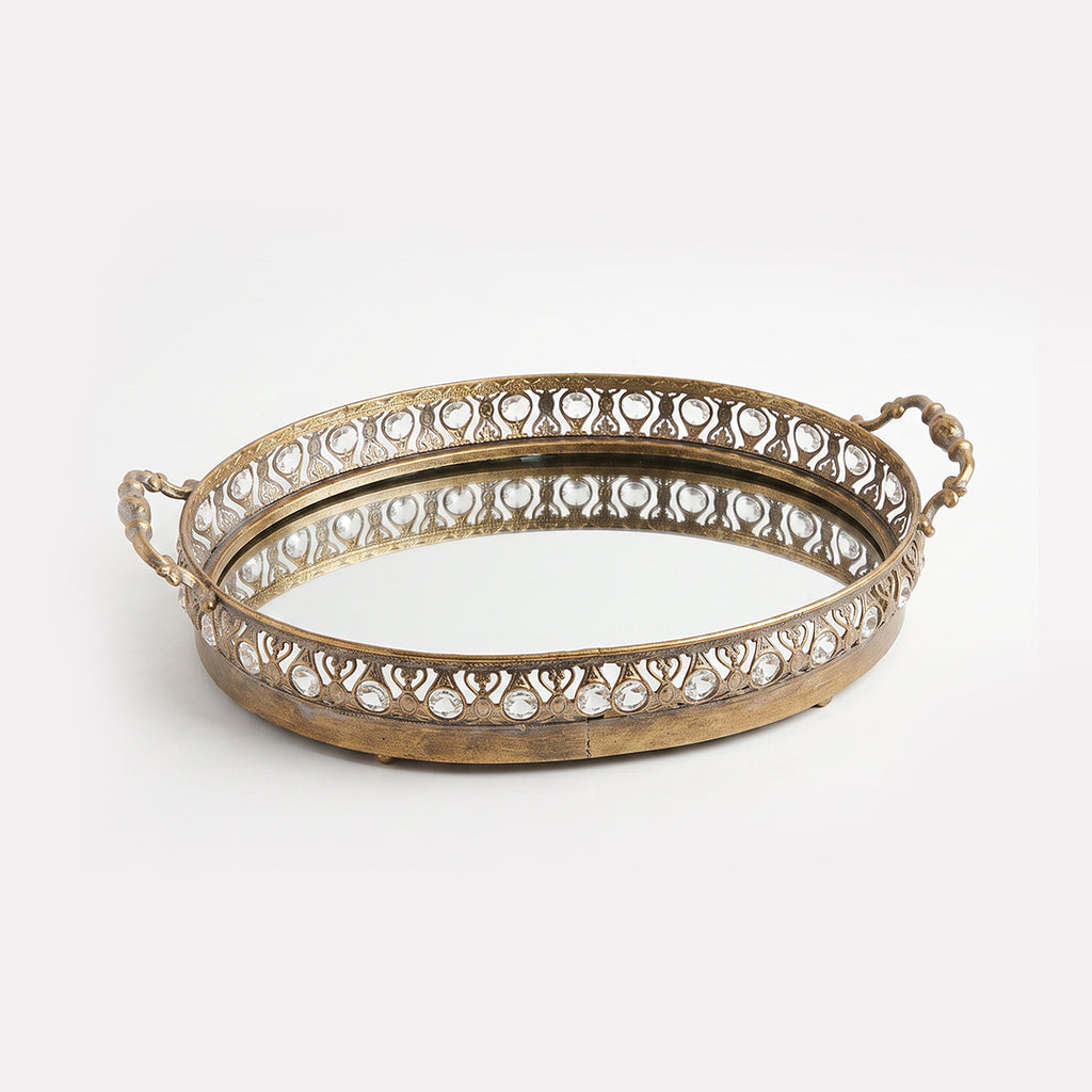 A419-22 Round Gold Metal Mirrored Tray with Handles (Small / Medium)