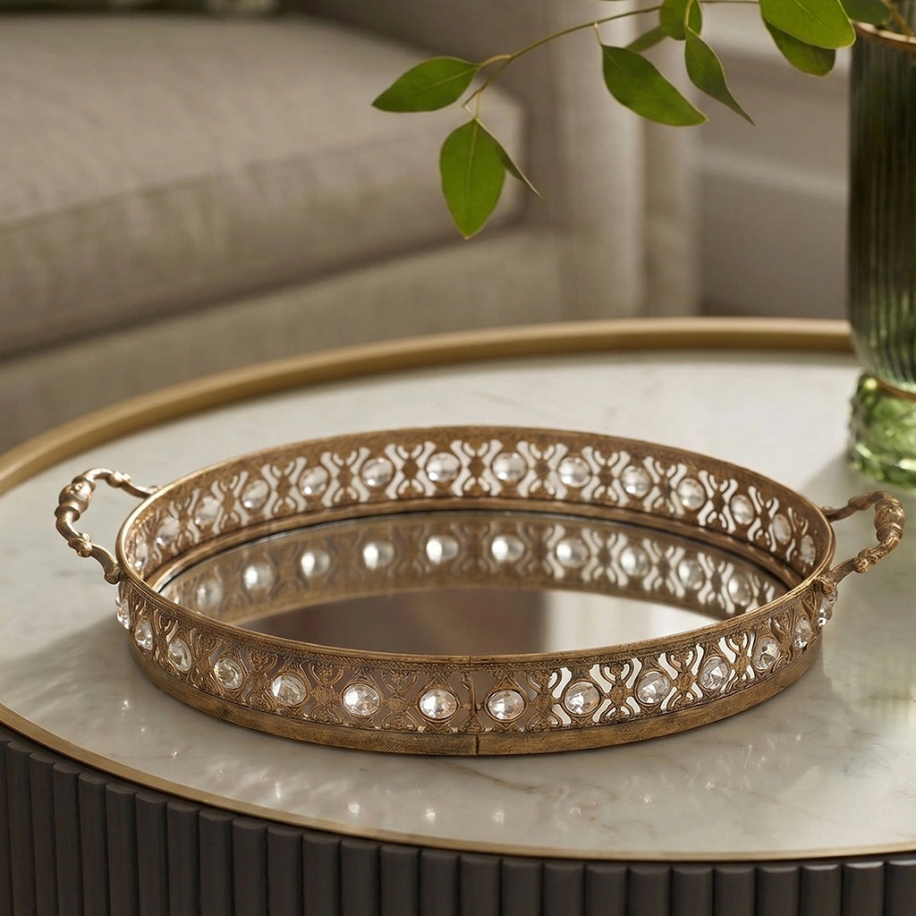 A419-22 Round Gold Metal Mirrored Tray with Handles (Small / Medium)