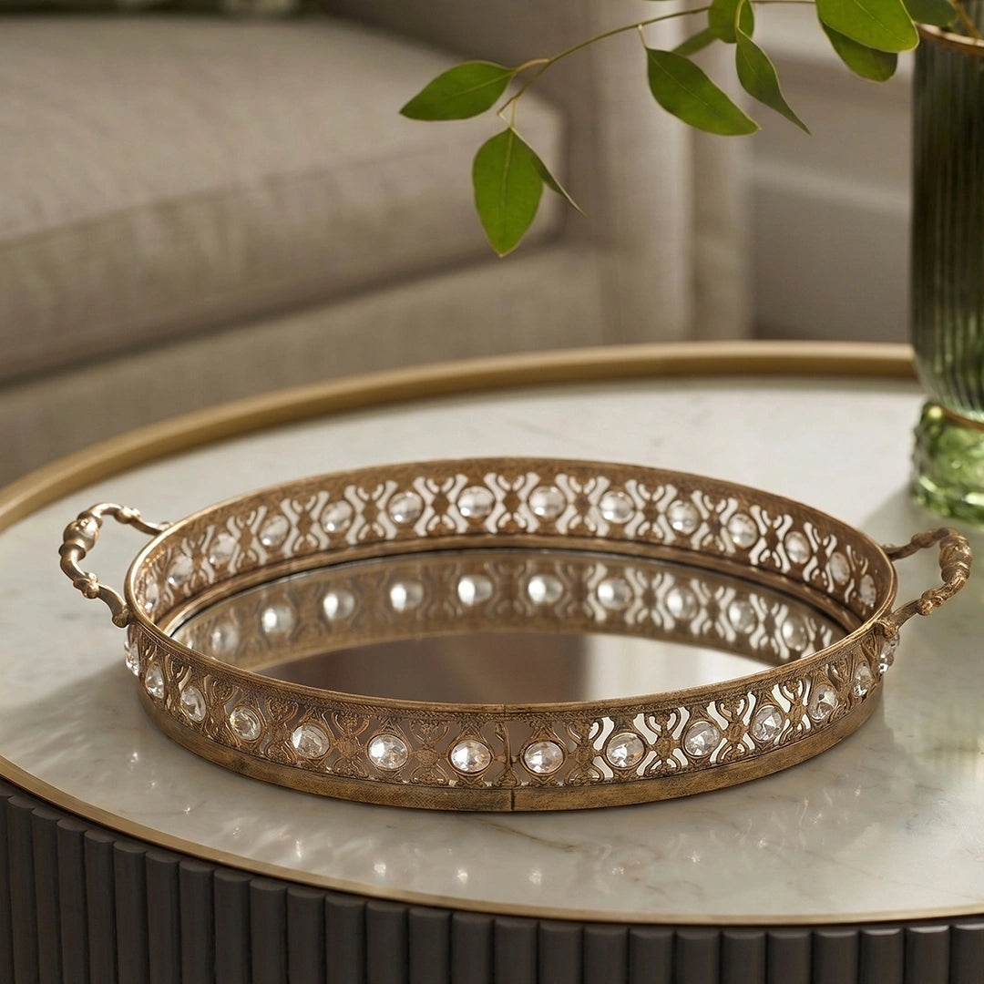 A419-22 Round Gold Metal Mirrored Tray with Handles (Small / Medium)