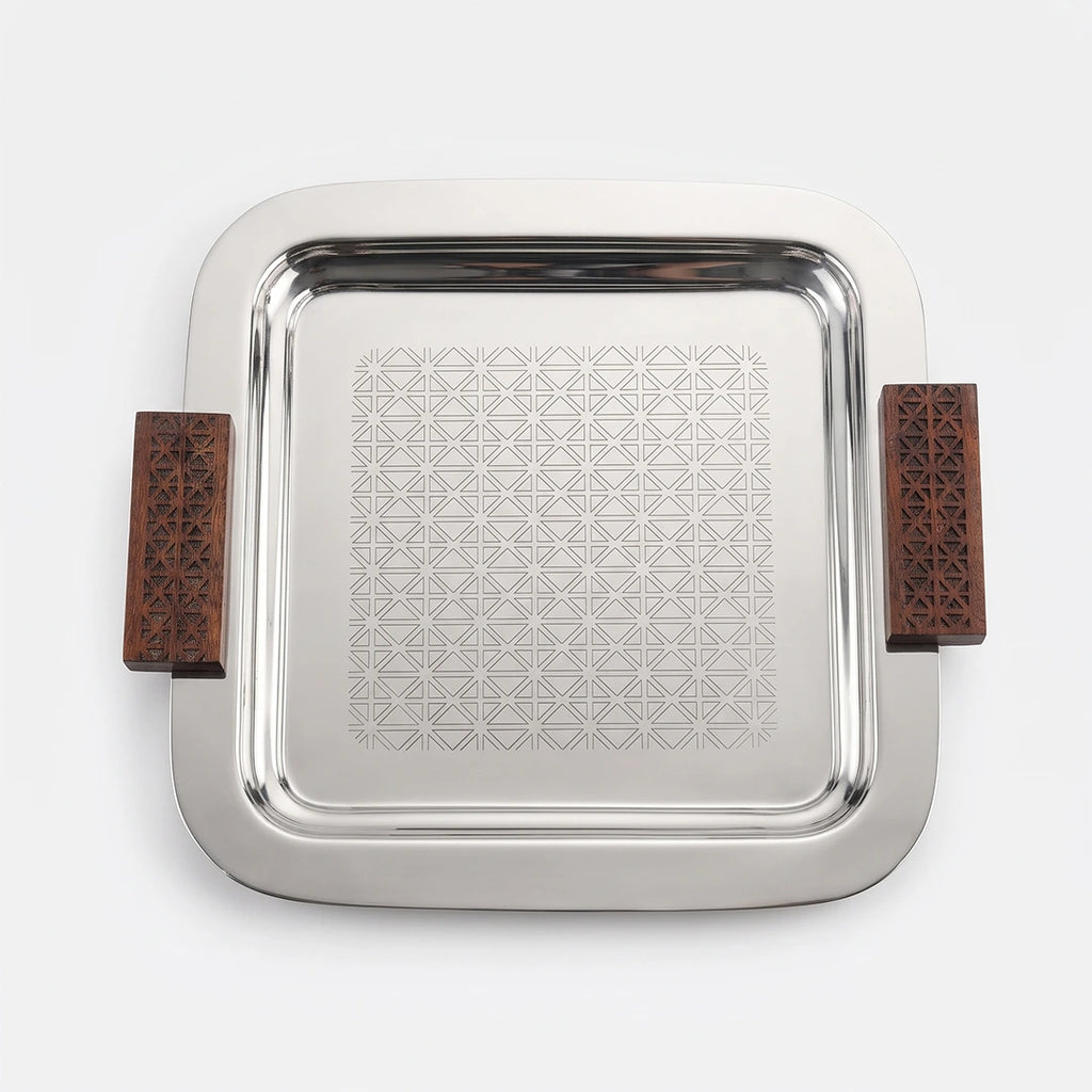 74819-A  Luhpar Prism Stainless Steel Square Serving Tray with Wooden Handles (Small)