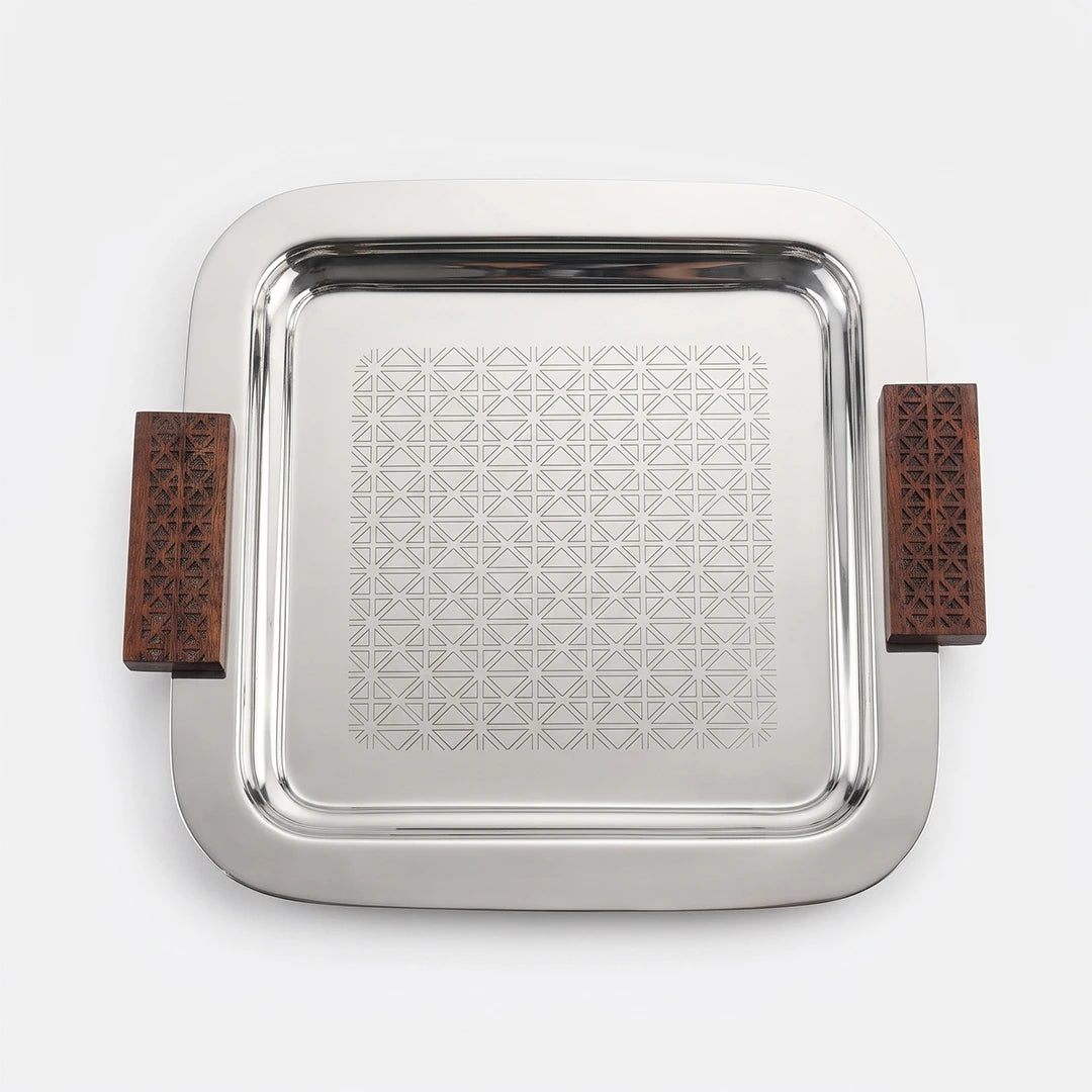 74819-A  Luhpar Prism Stainless Steel Square Serving Tray with Wooden Handles (Small)